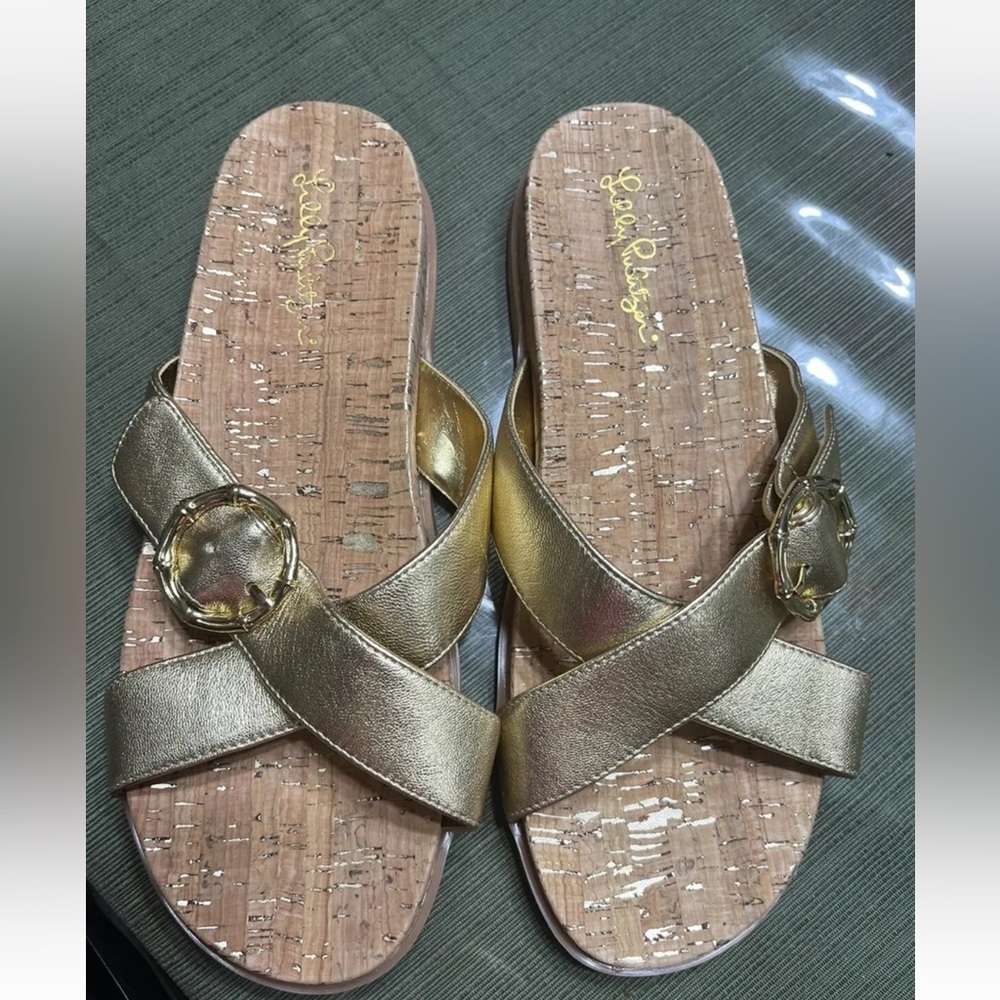 Lilly Pulitzer Bayshore Metallic Gold Leather Slip On Slide Sandals Size 9